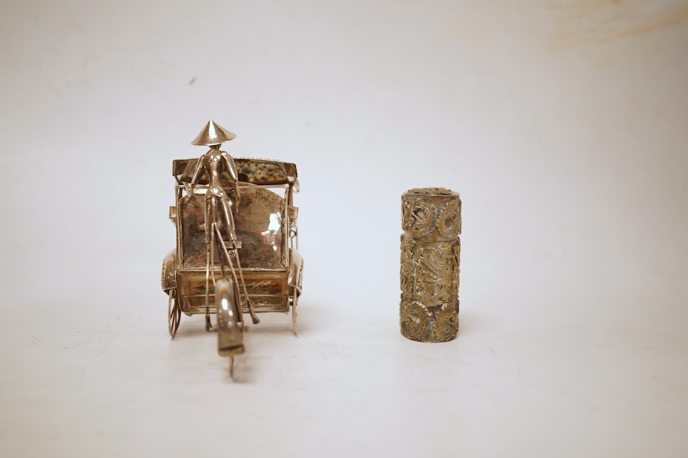 A Yogya 835 standard white metal model of figure and rickshaw, length 12cm, together with a Chinese metal box and cover.